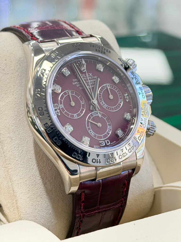 Rolex Daytona 116519 White Gold Factory Diamond Rubellite Grossular Dial Box and Papers PreOwned - Diamonds East Intl.