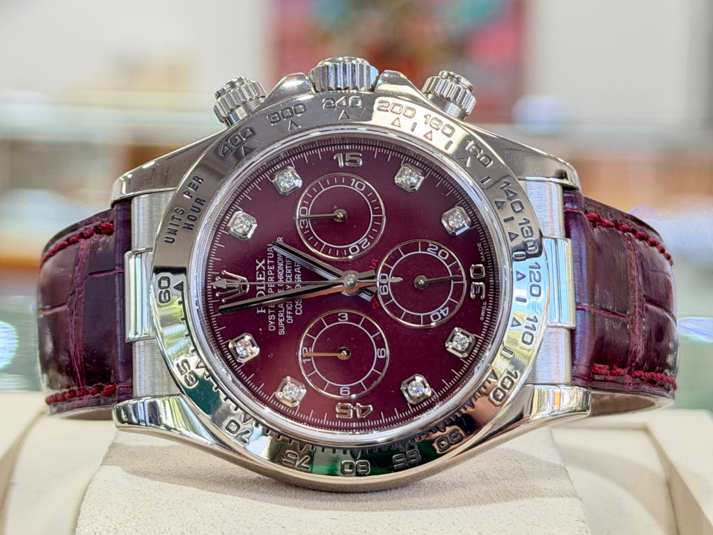 Rolex Daytona 116519 White Gold Factory Diamond Rubellite Grossular Dial Box and Papers PreOwned - Diamonds East Intl.