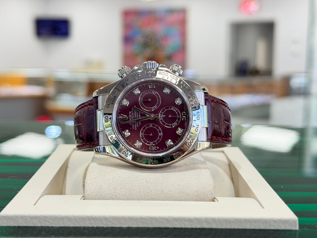 Rolex Daytona 116519 White Gold Factory Diamond Rubellite Grossular Dial Box and Papers PreOwned - Diamonds East Intl.