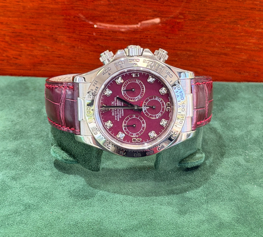Rolex Daytona 116519 White Gold Factory Diamond Rubellite Grossular Dial Box and Papers PreOwned - Diamonds East Intl.