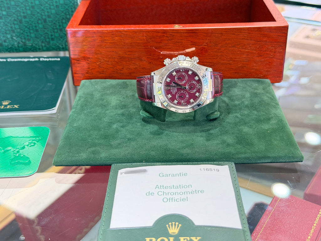 Rolex Daytona 116519 White Gold Factory Diamond Rubellite Grossular Dial Box and Papers PreOwned - Diamonds East Intl.