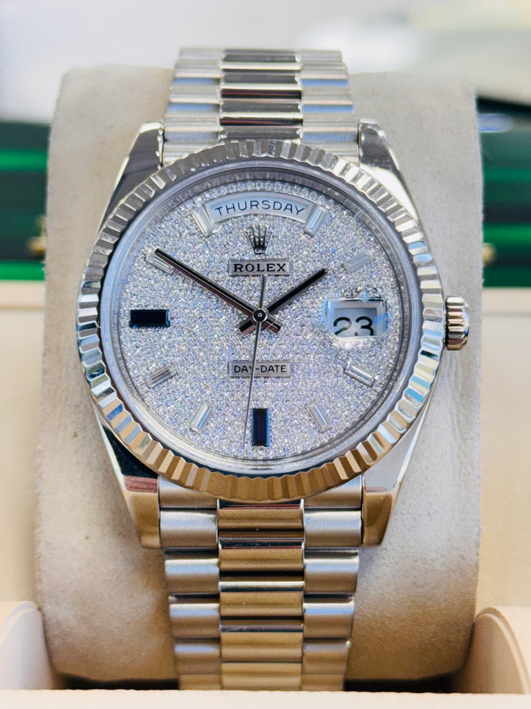 Rolex Day-Date 40 228239 White Gold Fluted Bezel  Factory Paved Diamond and Sapphire Dial  President Bracelet  Box and Papers  MINT