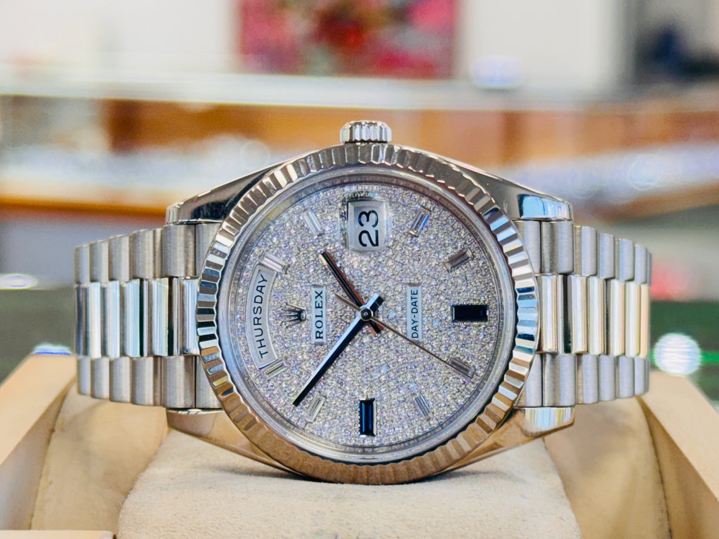 Rolex Day-Date 40 228239 White Gold Fluted Bezel  Factory Paved Diamond and Sapphire Dial  President Bracelet  Box and Papers  MINT