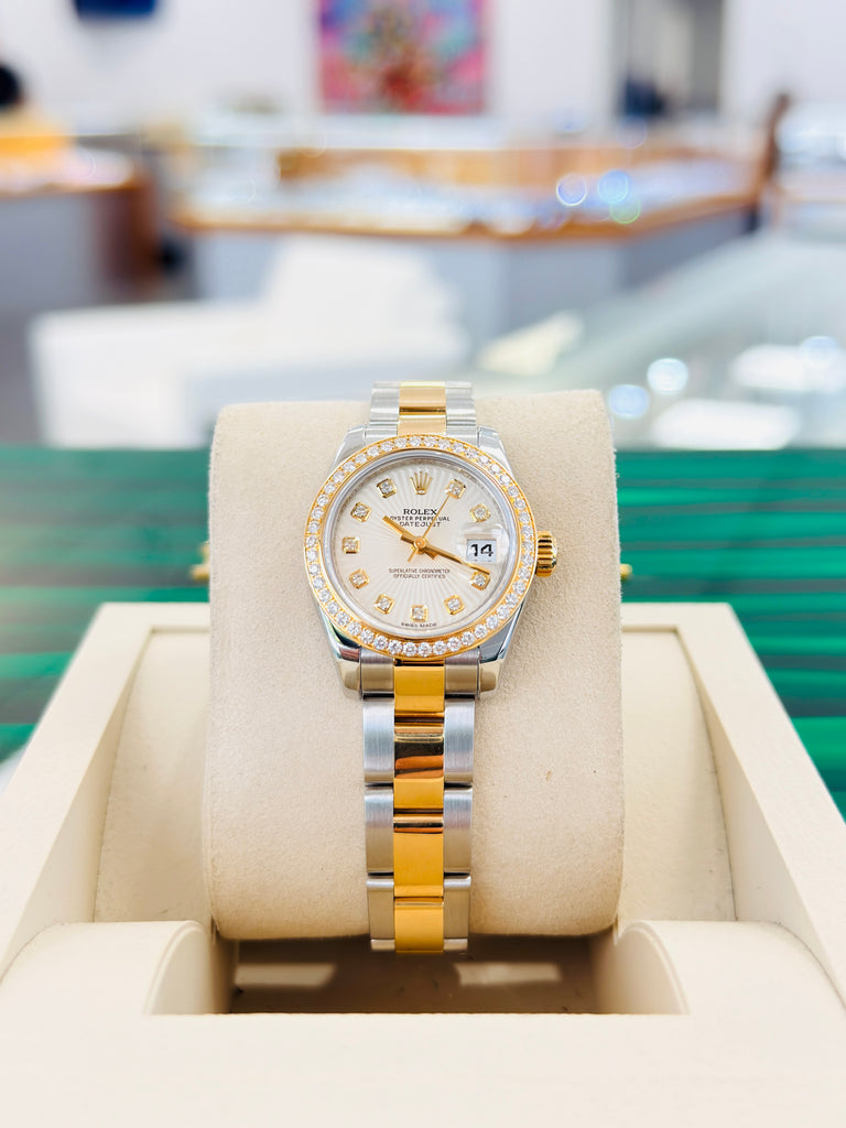 Rolex Lady-Datejust 26 179383 Factory Ivory Diamond Dial Factory Diamond Bezel Yellow Gold & Steel Oyster BOX/PAPERS MINT