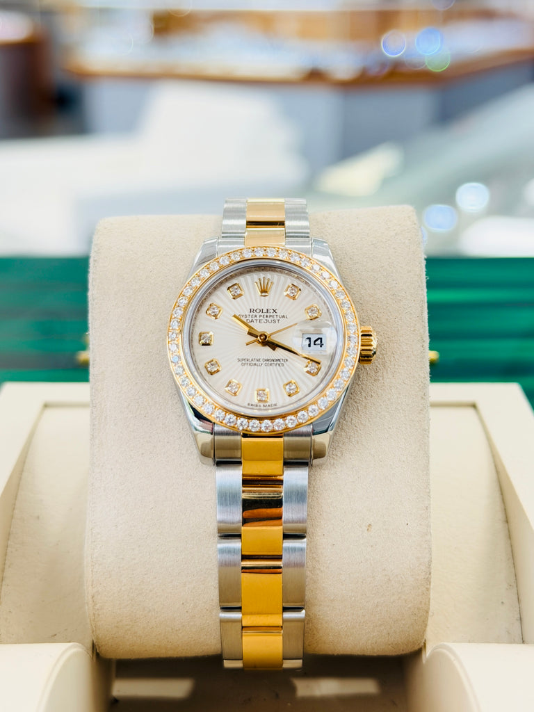 Rolex Lady-Datejust 26 179383 Factory Ivory Diamond Dial Factory Diamond Bezel Yellow Gold & Steel Oyster BOX/PAPERS MINT