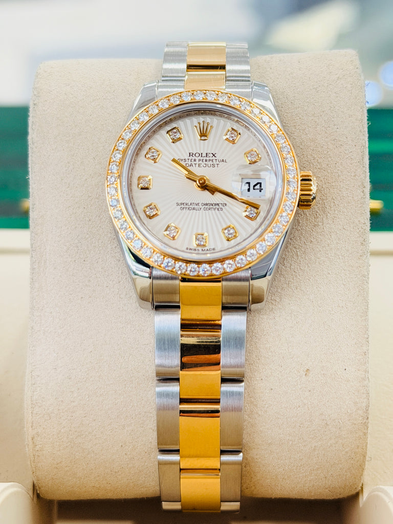 Rolex Lady-Datejust 26 179383 Factory Ivory Diamond Dial Factory Diamond Bezel Yellow Gold & Steel Oyster BOX/PAPERS MINT