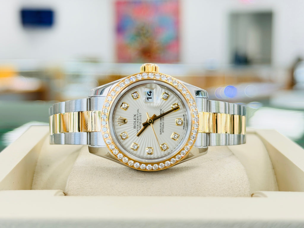 Rolex Lady-Datejust 26 179383 Factory Ivory Diamond Dial Factory Diamond Bezel Yellow Gold & Steel Oyster BOX/PAPERS MINT