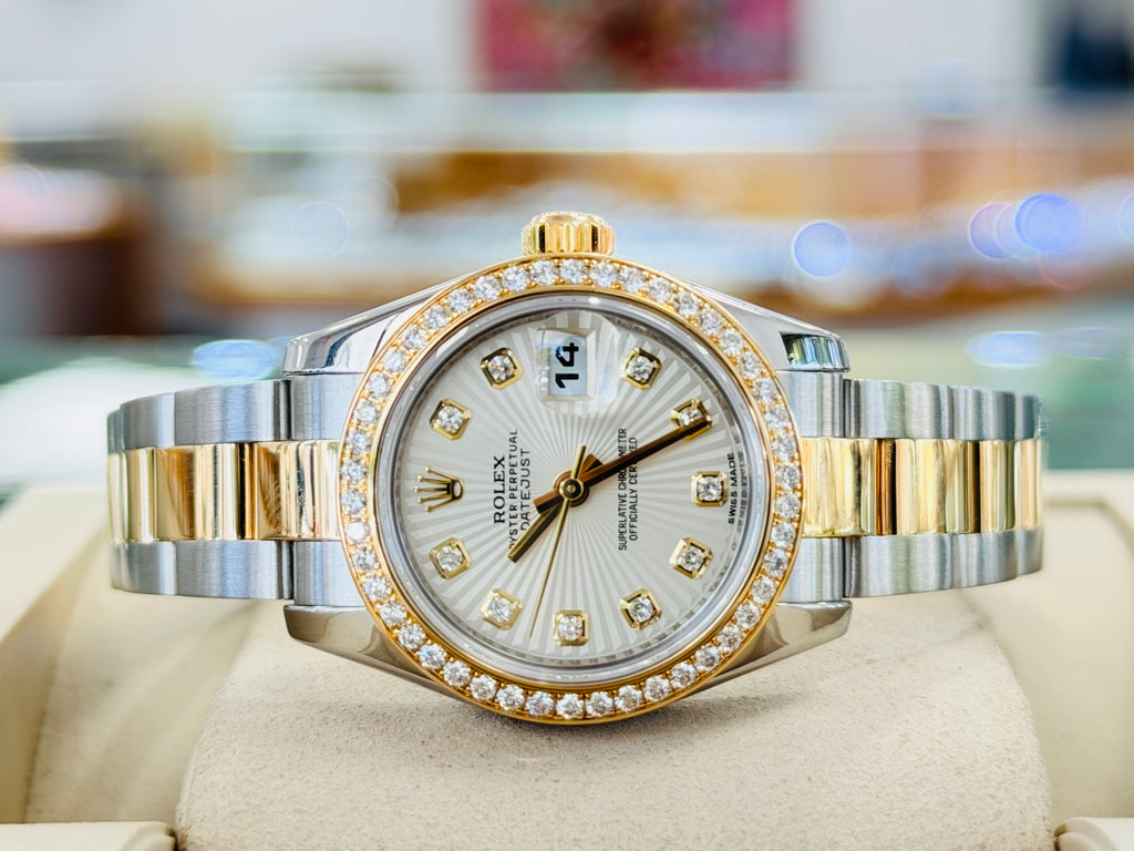 Rolex Lady-Datejust 26 179383 Factory Ivory Diamond Dial Factory Diamond Bezel Yellow Gold & Steel Oyster BOX/PAPERS MINT