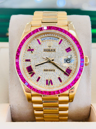 Rolex Day-Date 40 228238  Custom Diamond Roman Pink Ruby  Custom Ruby Bezel Box and Papers MINT - Diamonds East Intl.