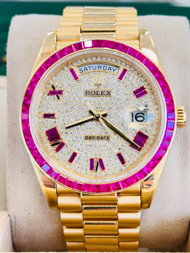 Rolex Day-Date 40 228238  Custom Diamond Roman Pink Ruby  Custom Ruby Bezel Box and Papers MINT - Diamonds East Intl.