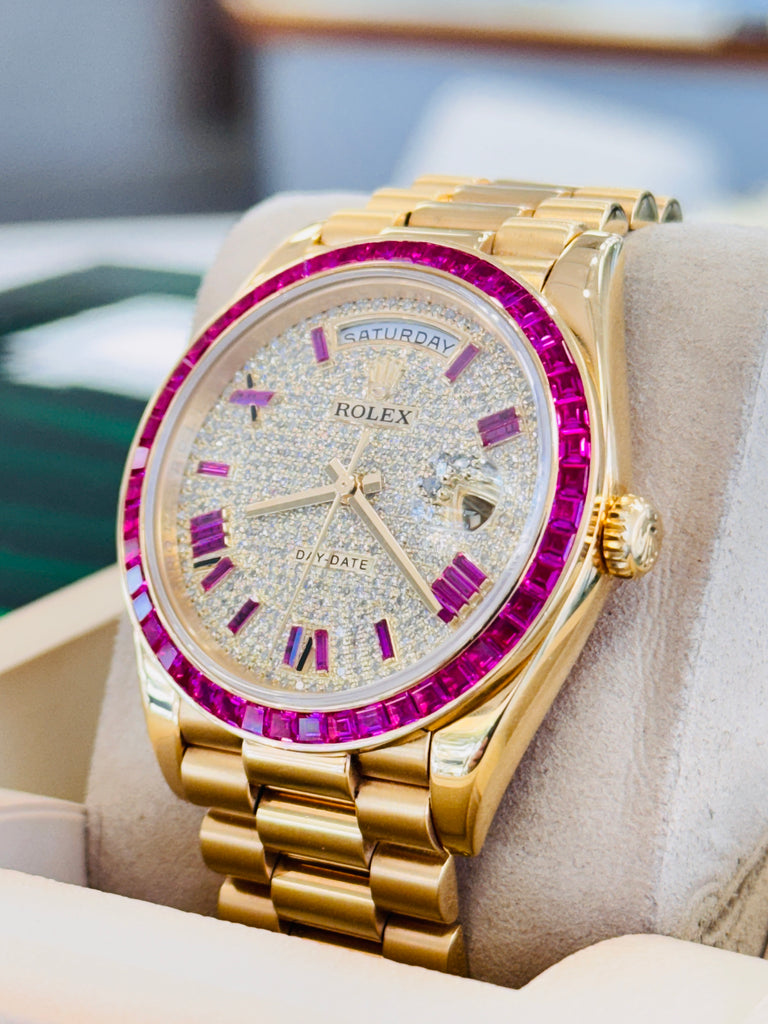 Rolex Day-Date 40 228238  Custom Diamond Roman Pink Ruby  Custom Ruby Bezel Box and Papers MINT - Diamonds East Intl.