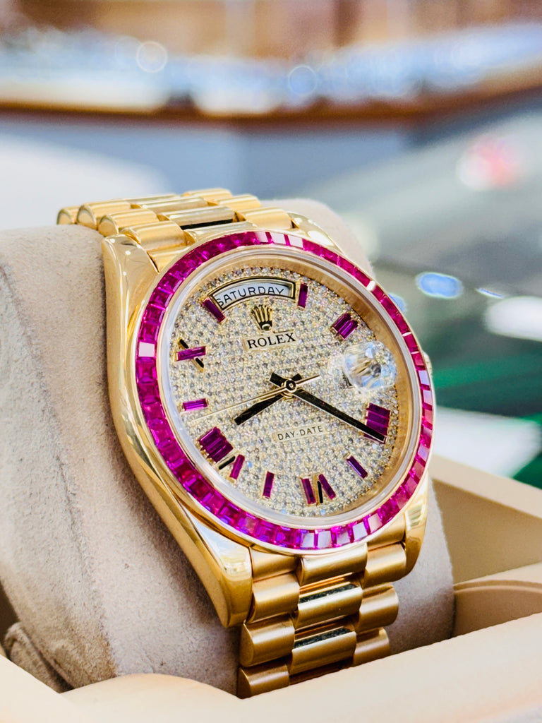 Rolex Day-Date 40 228238  Custom Diamond Roman Pink Ruby  Custom Ruby Bezel Box and Papers MINT - Diamonds East Intl.