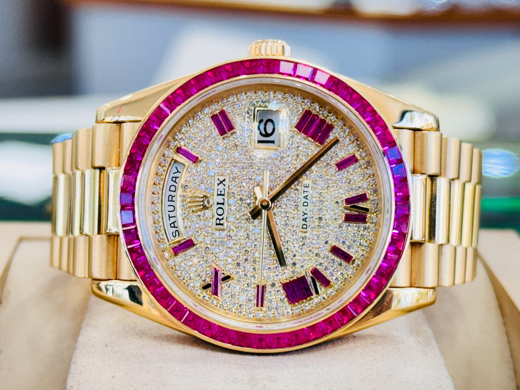 Rolex Day-Date 40 228238  Custom Diamond Roman Pink Ruby  Custom Ruby Bezel Box and Papers MINT - Diamonds East Intl.