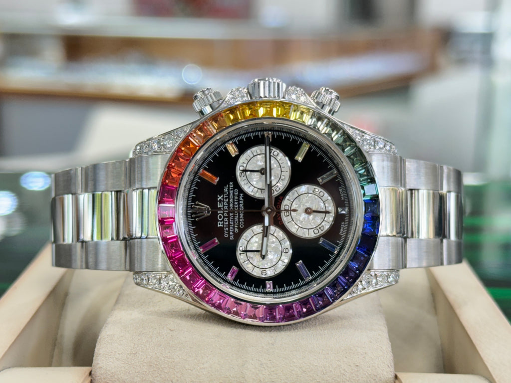 Rolex Daytona 116509 Custom Rainbow Diamonds And Sapphires 18K white Gold Watch PreOwned - Diamonds East Intl.