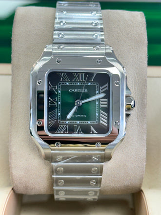 Cartier Santos WSSA0061 Medium Size Green Dial Box and Papers UNWORN - Diamonds East Intl.
