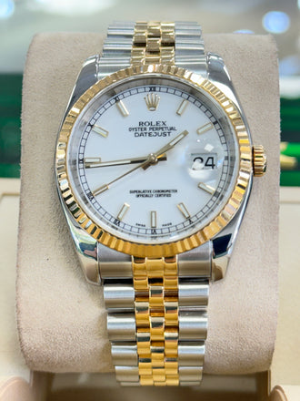 Rolex Datejust 116233 36 white Stick Luminescent Dial Yellow Gold Stainless Jubilee Fluted Bezel PreOwned - Diamonds East Intl.
