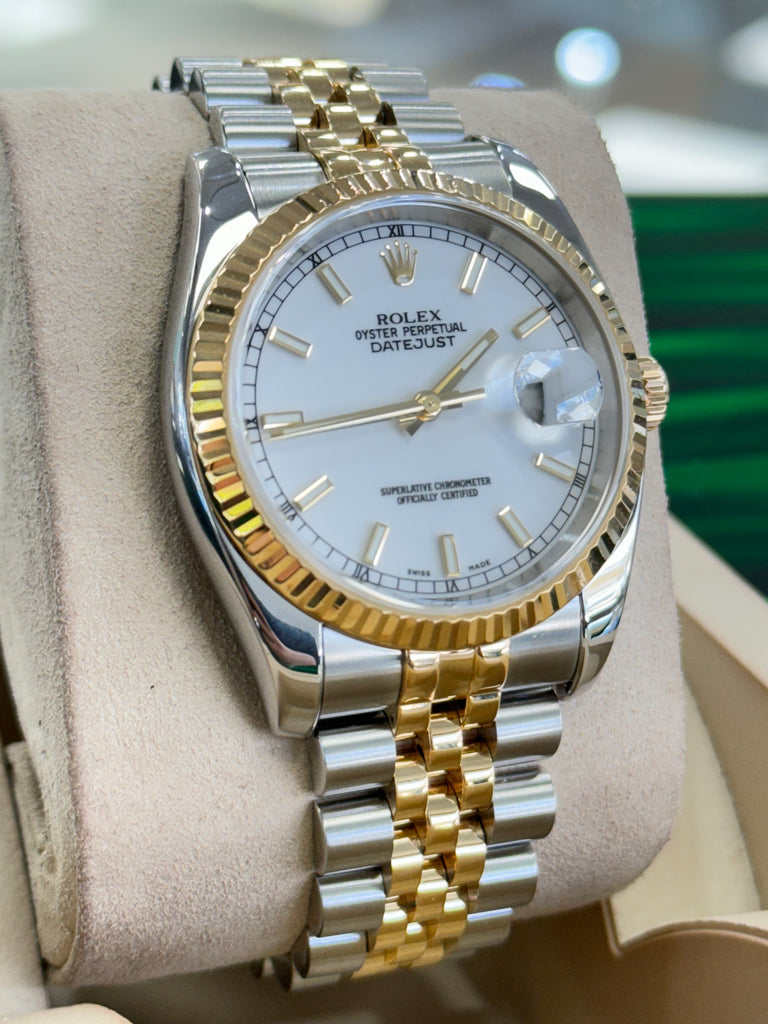 Rolex Datejust 116233 36 white Stick Luminescent Dial Yellow Gold Stainless Jubilee Fluted Bezel PreOwned - Diamonds East Intl.