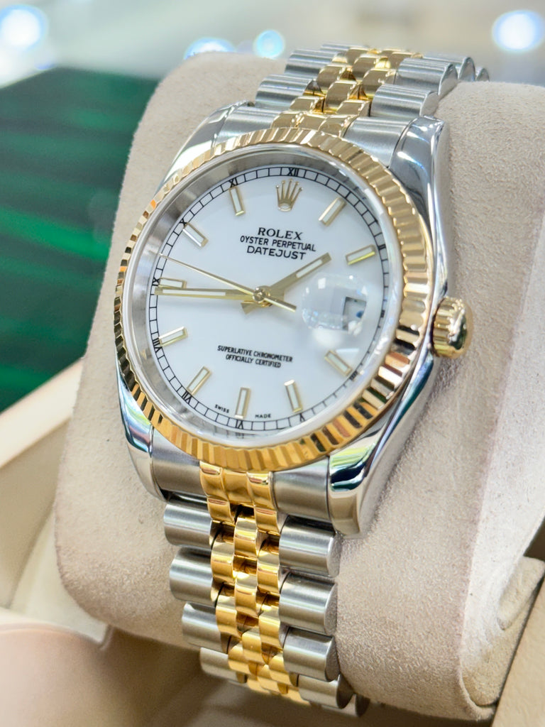 Rolex Datejust 116233 36 white Stick Luminescent Dial Yellow Gold Stainless Jubilee Fluted Bezel PreOwned - Diamonds East Intl.