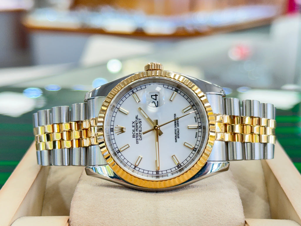 Rolex Datejust 116233 36 white Stick Luminescent Dial Yellow Gold Stainless Jubilee Fluted Bezel PreOwned - Diamonds East Intl.