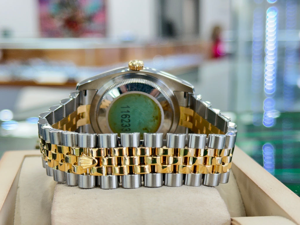Rolex Datejust 116233 36 white Stick Luminescent Dial Yellow Gold Stainless Jubilee Fluted Bezel PreOwned - Diamonds East Intl.