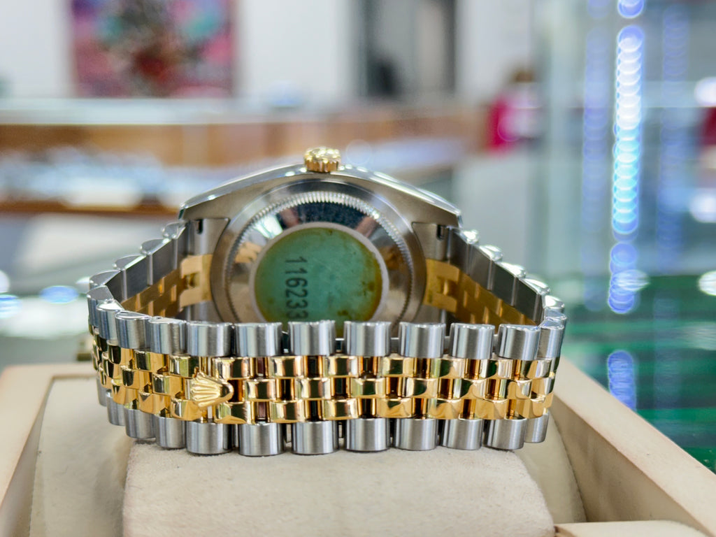 Rolex Datejust 116233 36 white Stick Luminescent Dial Yellow Gold Stainless Jubilee Fluted Bezel PreOwned - Diamonds East Intl.