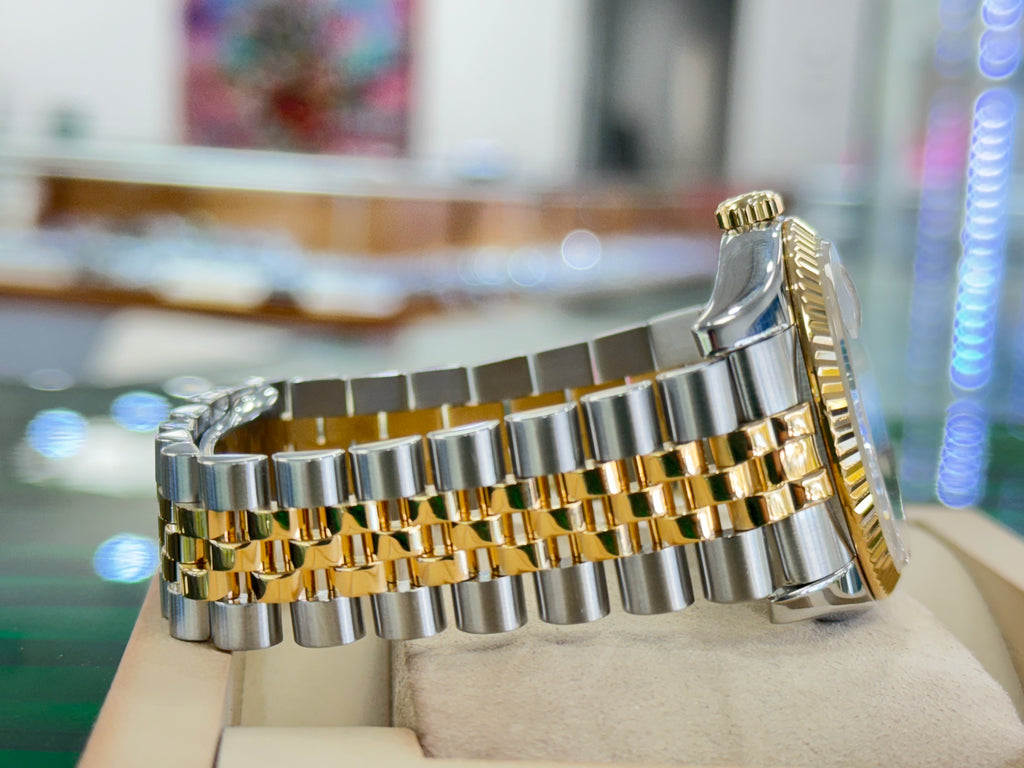 Rolex Datejust 116233 36 white Stick Luminescent Dial Yellow Gold Stainless Jubilee Fluted Bezel PreOwned - Diamonds East Intl.