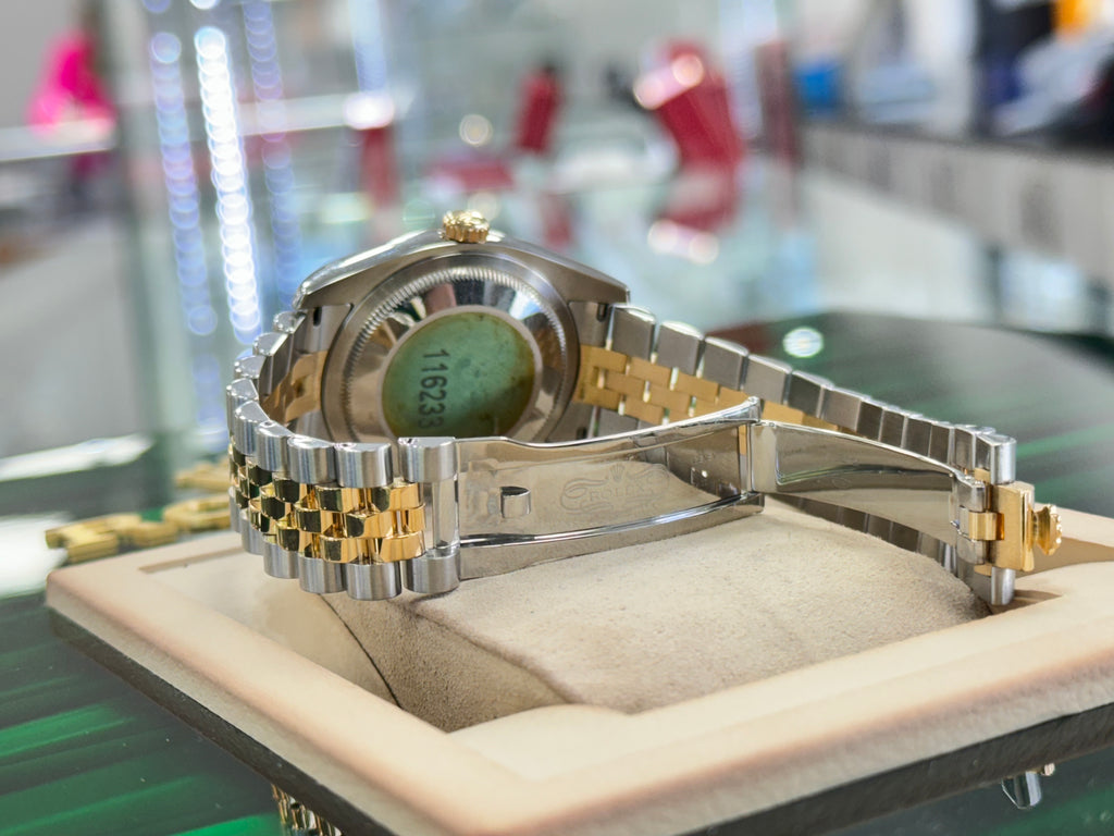 Rolex Datejust 116233 36 white Stick Luminescent Dial Yellow Gold Stainless Jubilee Fluted Bezel PreOwned - Diamonds East Intl.