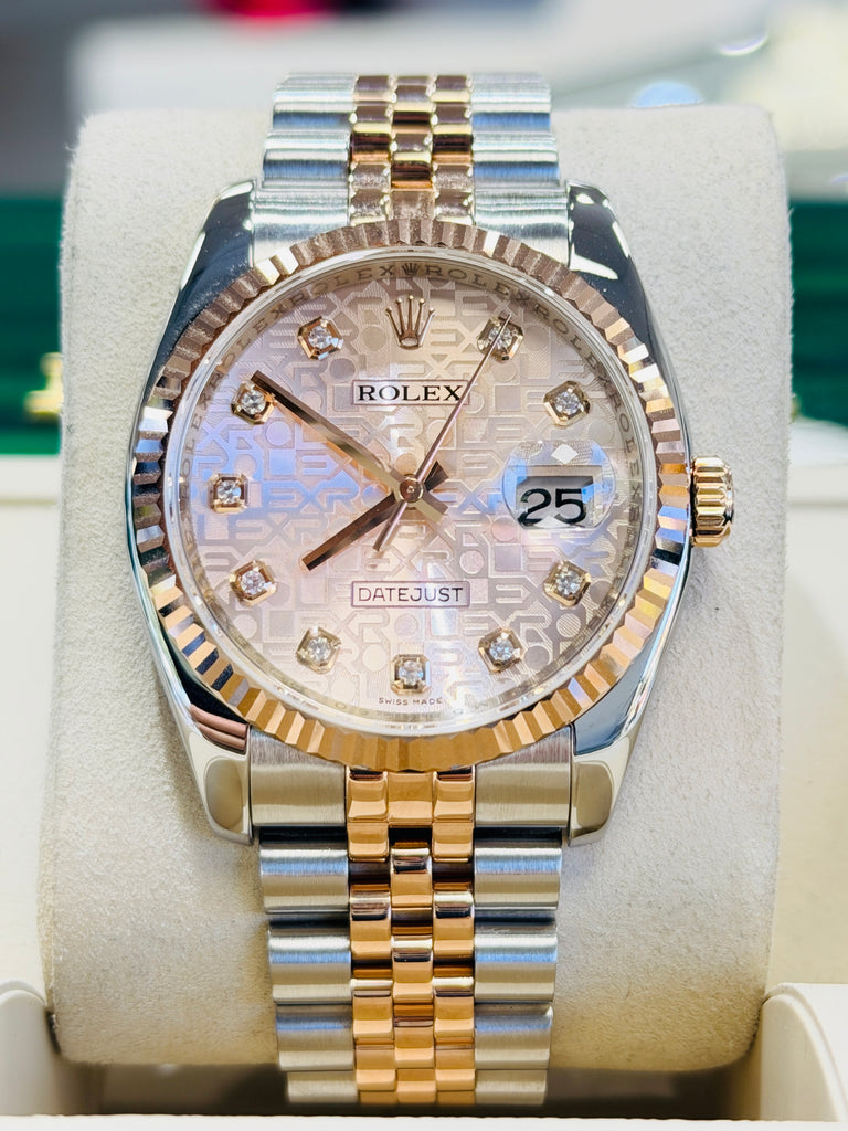 Rolex Datejust 36 116231  Factory Pink Diamond Jubilee Dial EverRose and Steel Jubilee  Band Box and Papers PreOwned - Diamonds East Intl.