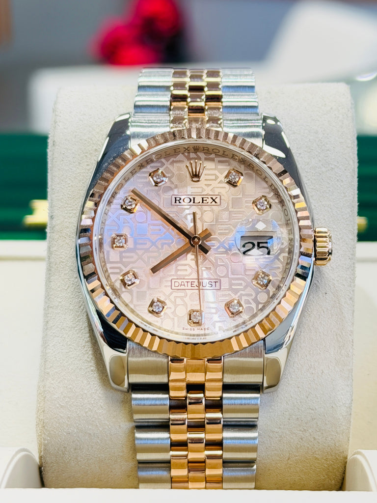 Rolex Datejust 36 116231  Factory Pink Diamond Jubilee Dial EverRose and Steel Jubilee  Band Box and Papers PreOwned - Diamonds East Intl.