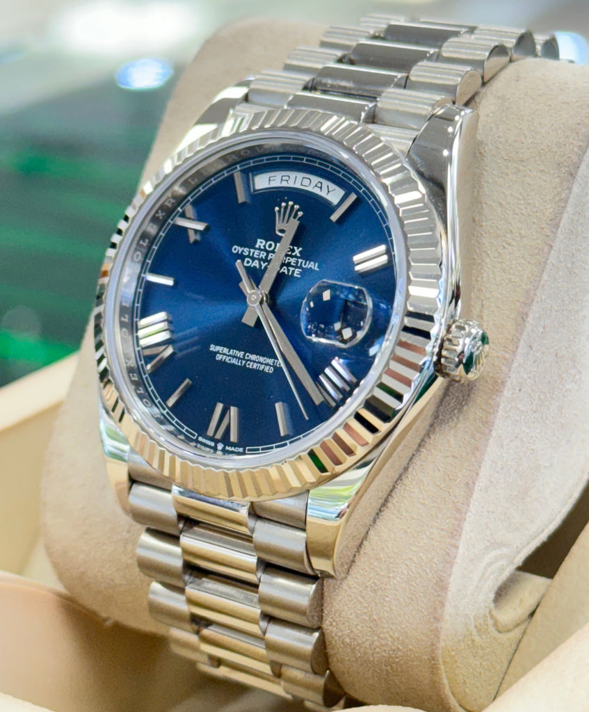 Rolex Day-Date 40mm 228239 Factory Blue Roman Dial Box and Papers preowned - Diamonds East Intl.