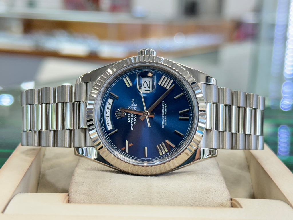 Rolex Day-Date 40mm 228239 Factory Blue Roman Dial Box and Papers preowned - Diamonds East Intl.