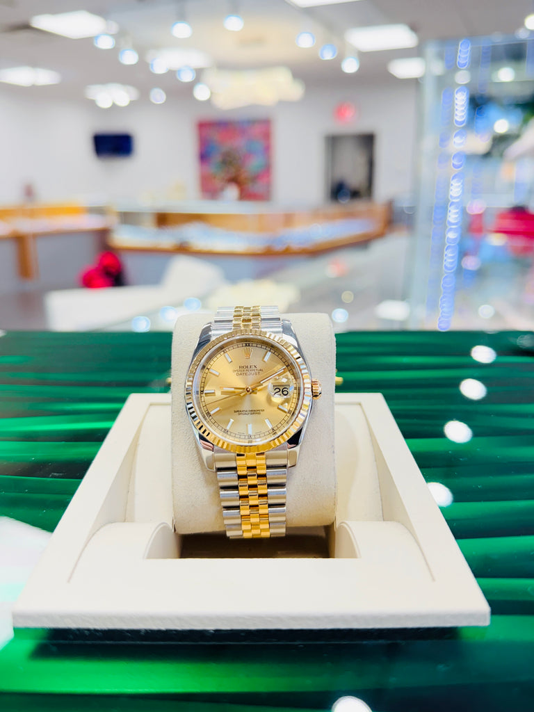 Rolex Datejust 36 116233 Fluted Bezel  Champagne Stick Dial super Jubilee Bracelet  PreOwned - Diamonds East Intl.