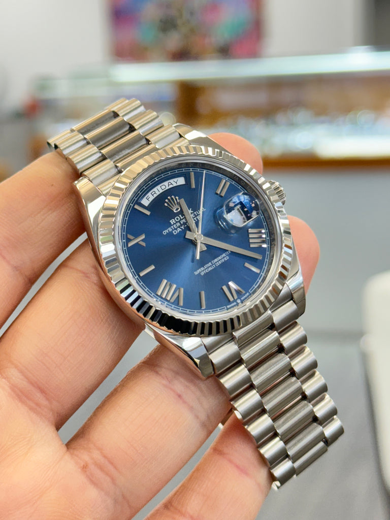 Rolex Day-Date 40mm 228239 Factory Blue Roman Dial Box and Papers preowned - Diamonds East Intl.