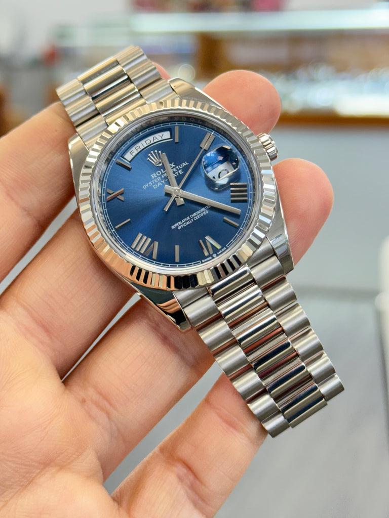 Rolex Day-Date 40mm 228239 Factory Blue Roman Dial Box and Papers preowned - Diamonds East Intl.