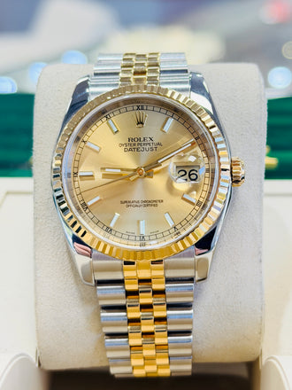 Rolex Datejust 36 116233 Fluted Bezel  Champagne Stick Dial super Jubilee Bracelet  PreOwned - Diamonds East Intl.