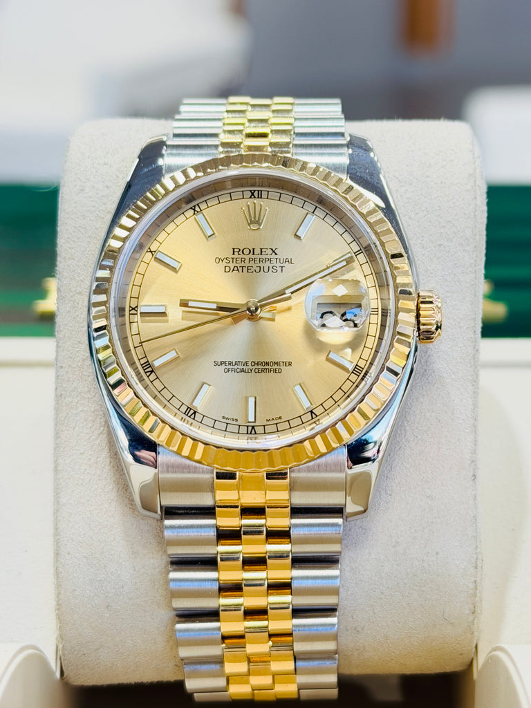 Rolex Datejust 36 116233 Fluted Bezel  Champagne Stick Dial super Jubilee Bracelet  PreOwned - Diamonds East Intl.