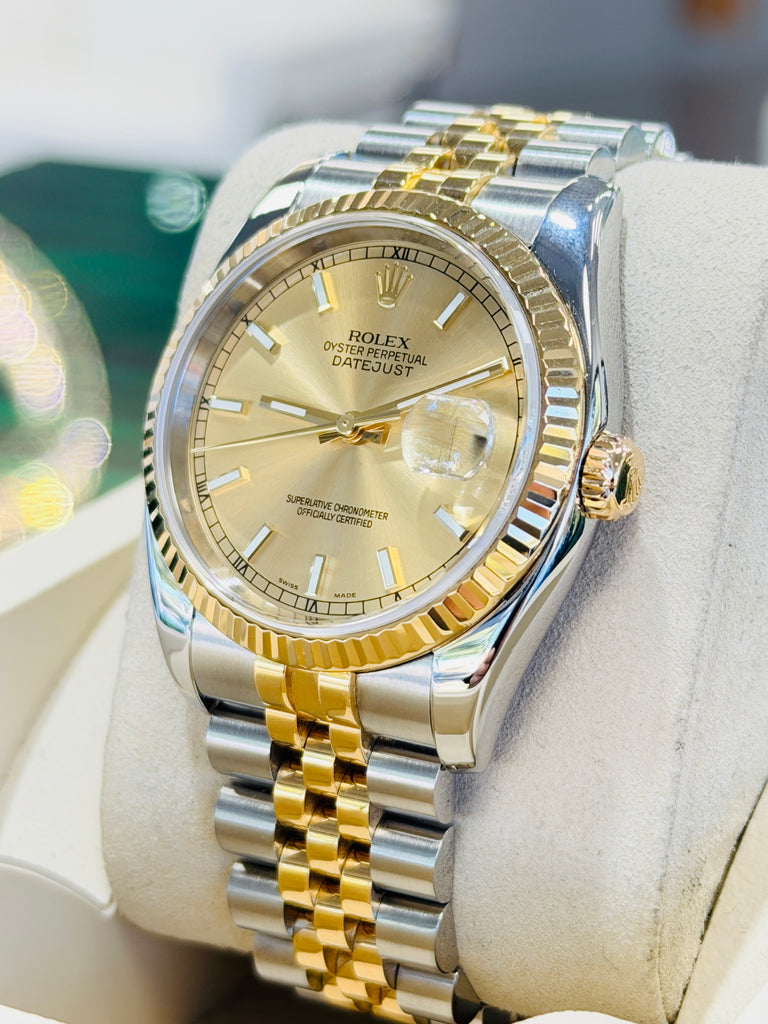 Rolex Datejust 36 116233 Fluted Bezel  Champagne Stick Dial super Jubilee Bracelet  PreOwned - Diamonds East Intl.