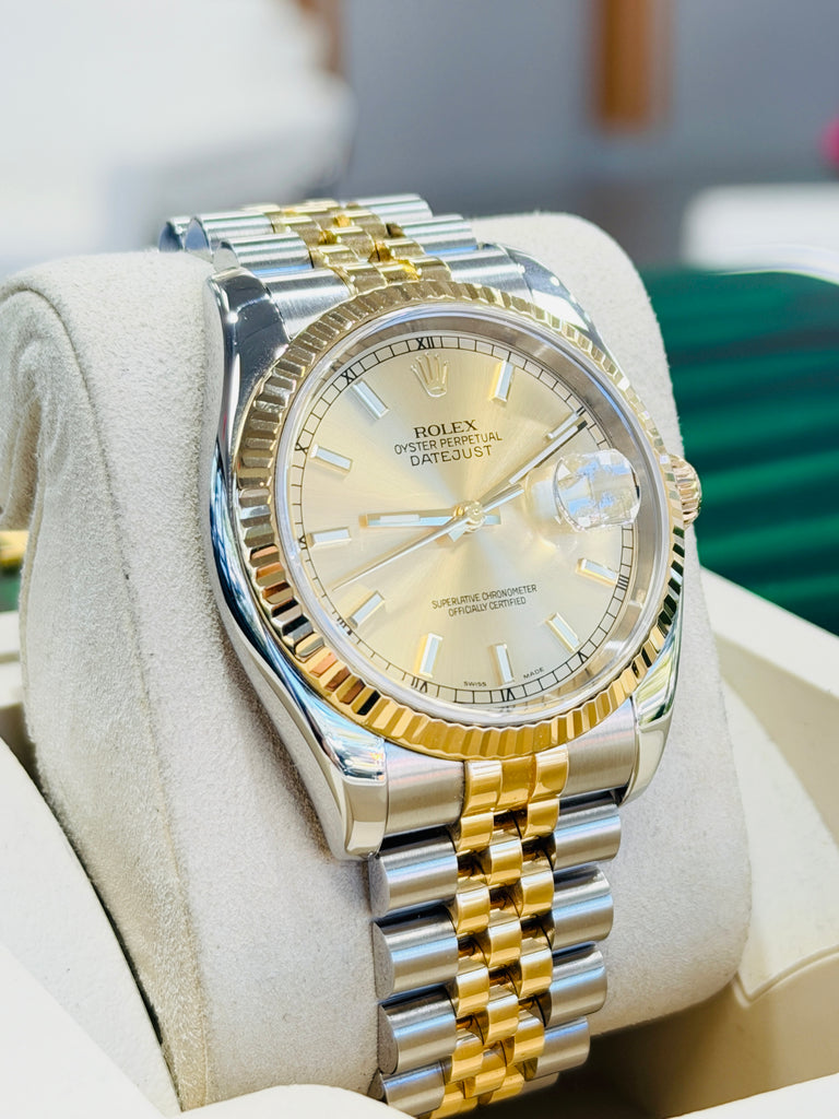 Rolex Datejust 36 116233 Fluted Bezel  Champagne Stick Dial super Jubilee Bracelet  PreOwned - Diamonds East Intl.