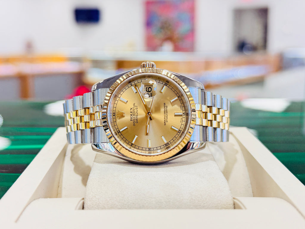 Rolex Datejust 36 116233 Fluted Bezel  Champagne Stick Dial super Jubilee Bracelet  PreOwned - Diamonds East Intl.