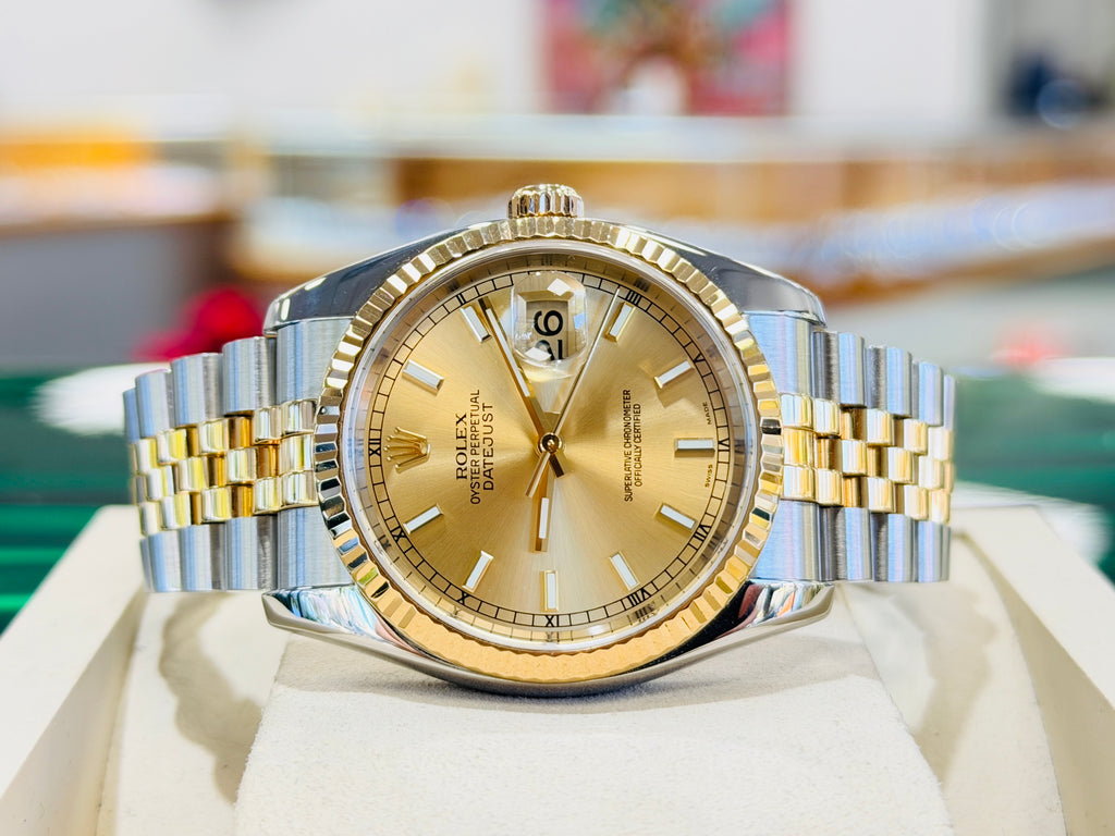 Rolex Datejust 36 116233 Fluted Bezel  Champagne Stick Dial super Jubilee Bracelet  PreOwned - Diamonds East Intl.