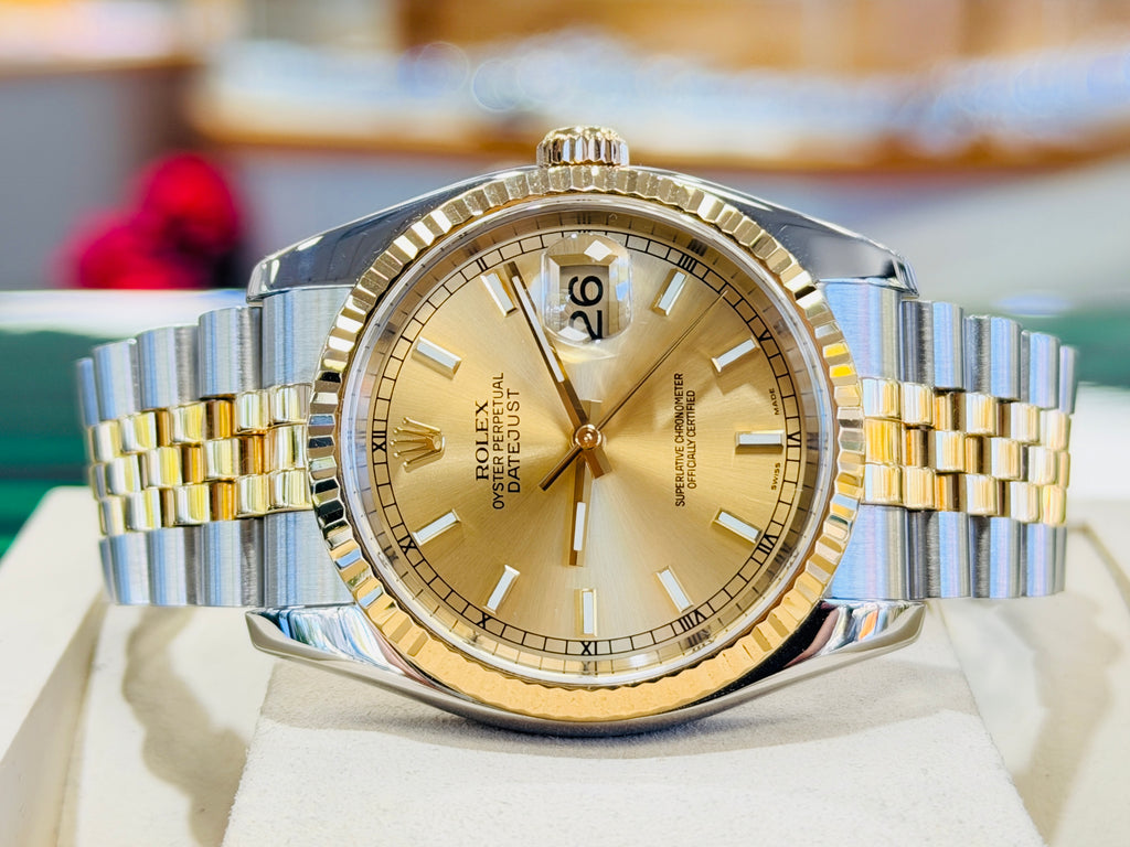 Rolex Datejust 36 116233 Fluted Bezel  Champagne Stick Dial super Jubilee Bracelet  PreOwned - Diamonds East Intl.