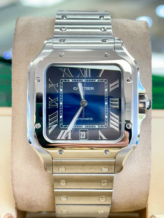 Cartier Santos Large WSSA0030  Blue Dial PreOwned Box and Papers MINT 