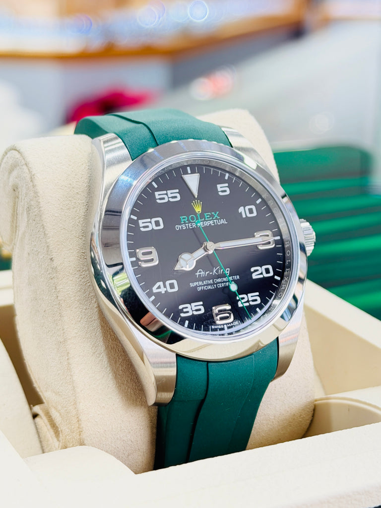 Rolex Air King 40 116900  Arabic Dial Stainless Steel Oyster PreOwned  Custom Rubber B Band Green - Diamonds East Intl.