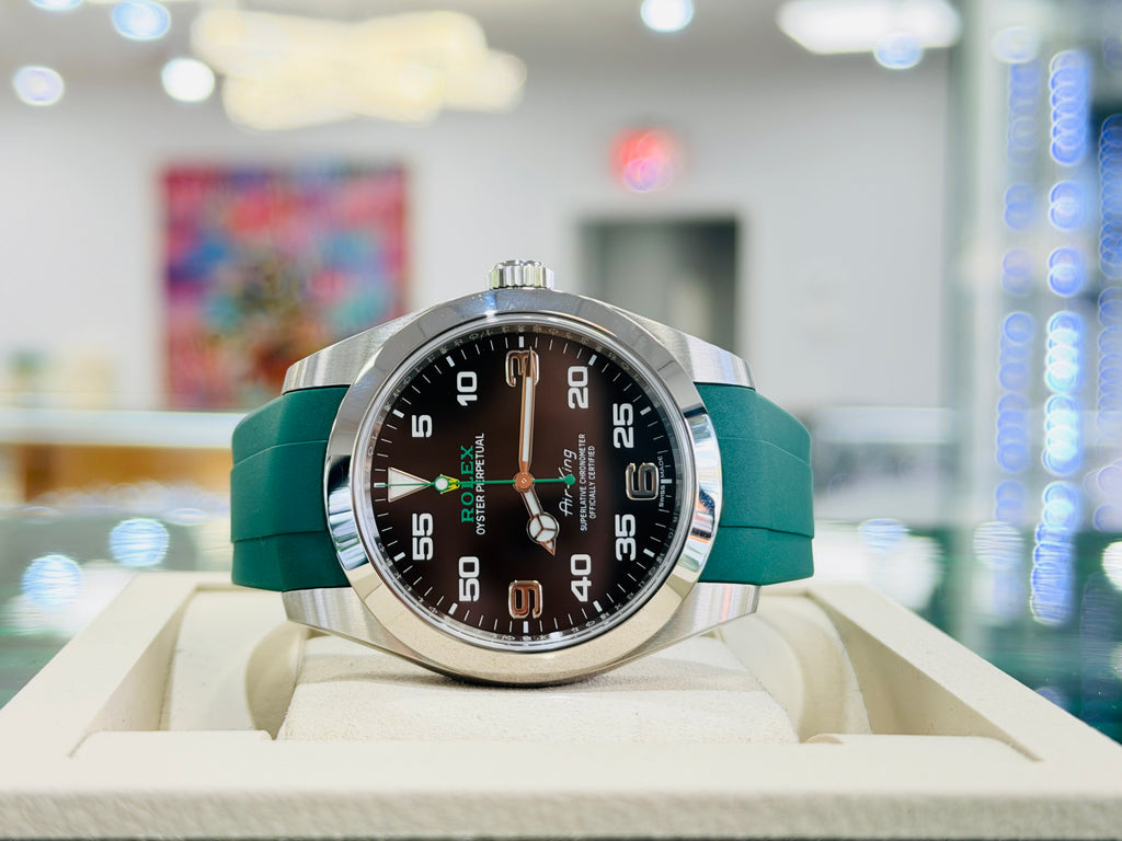 Rolex Air King 40 116900  Arabic Dial Stainless Steel Oyster PreOwned  Custom Rubber B Band Green - Diamonds East Intl.