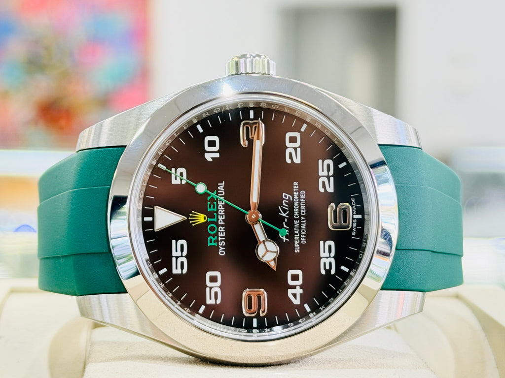 Rolex Air King 40 116900  Arabic Dial Stainless Steel Oyster PreOwned  Custom Rubber B Band Green - Diamonds East Intl.