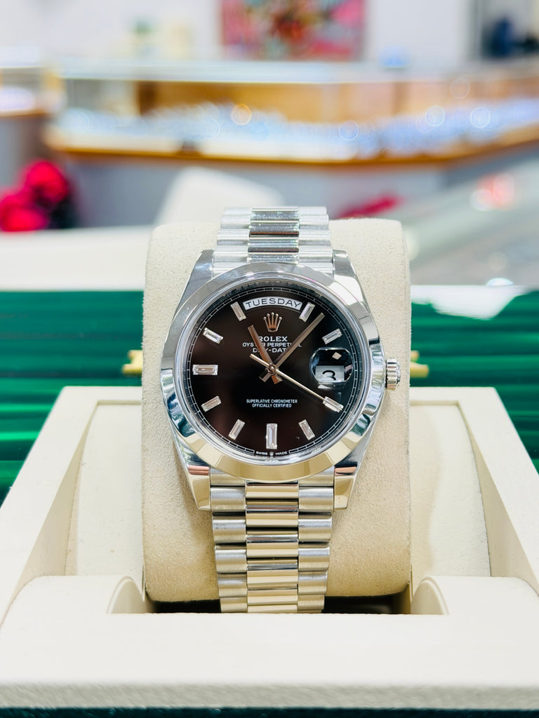 Rolex Day-Date 40 228206 Platinum Smooth Bezel  Factory Black Baguette Diamond Dial  PreOwned Box and Papers - Diamonds East Intl.