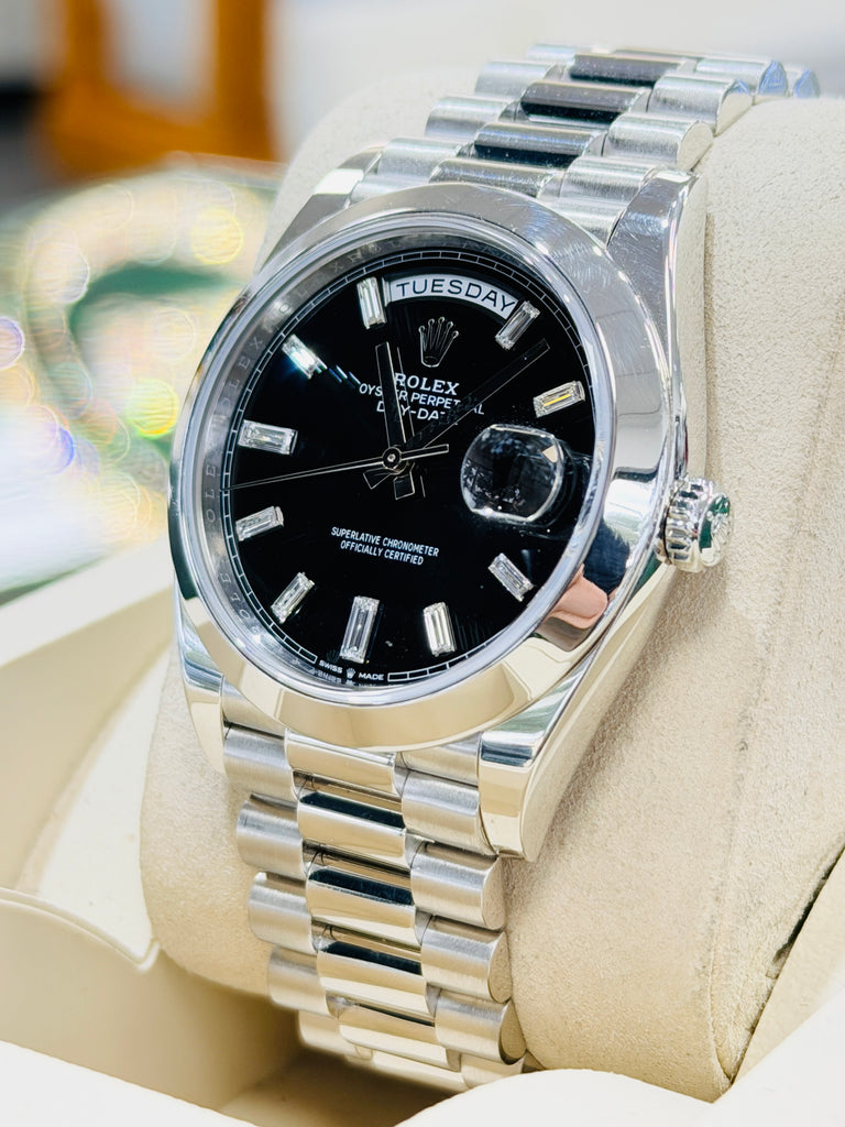 Rolex Day-Date 40 228206 Platinum Smooth Bezel  Factory Black Baguette Diamond Dial  PreOwned Box and Papers - Diamonds East Intl.