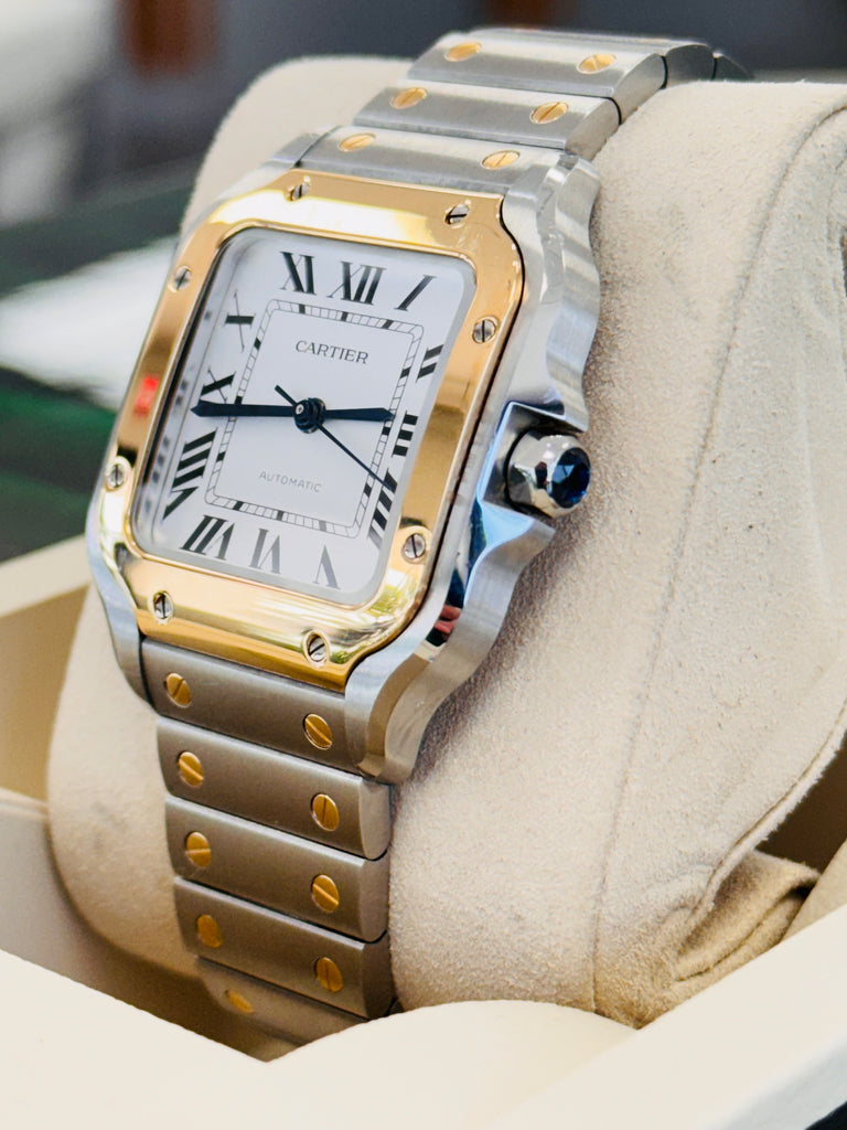 Cartier Santos De Cartier W2SA0016 White Dial Medium Size  Two Tone Box and Papers PreOwned - Diamonds East Intl.