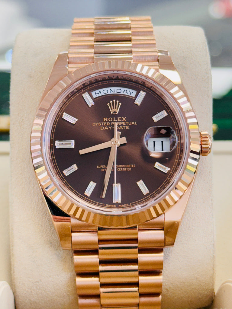 PreOwned Rolex Day-Date 40mm Everrose Gold 228235 Factory Chocolate Baguette Dial Box/Papers - Diamonds East Intl.