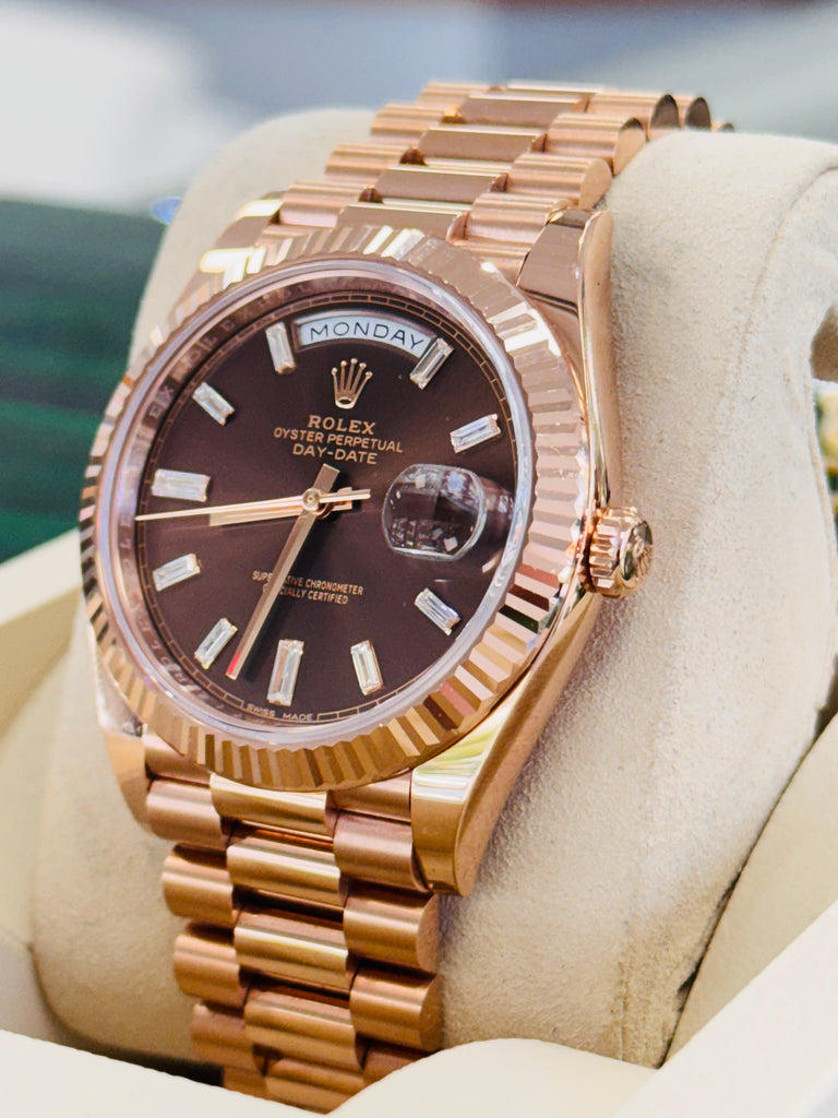 PreOwned Rolex Day-Date 40mm Everrose Gold 228235 Factory Chocolate Baguette Dial Box/Papers - Diamonds East Intl.